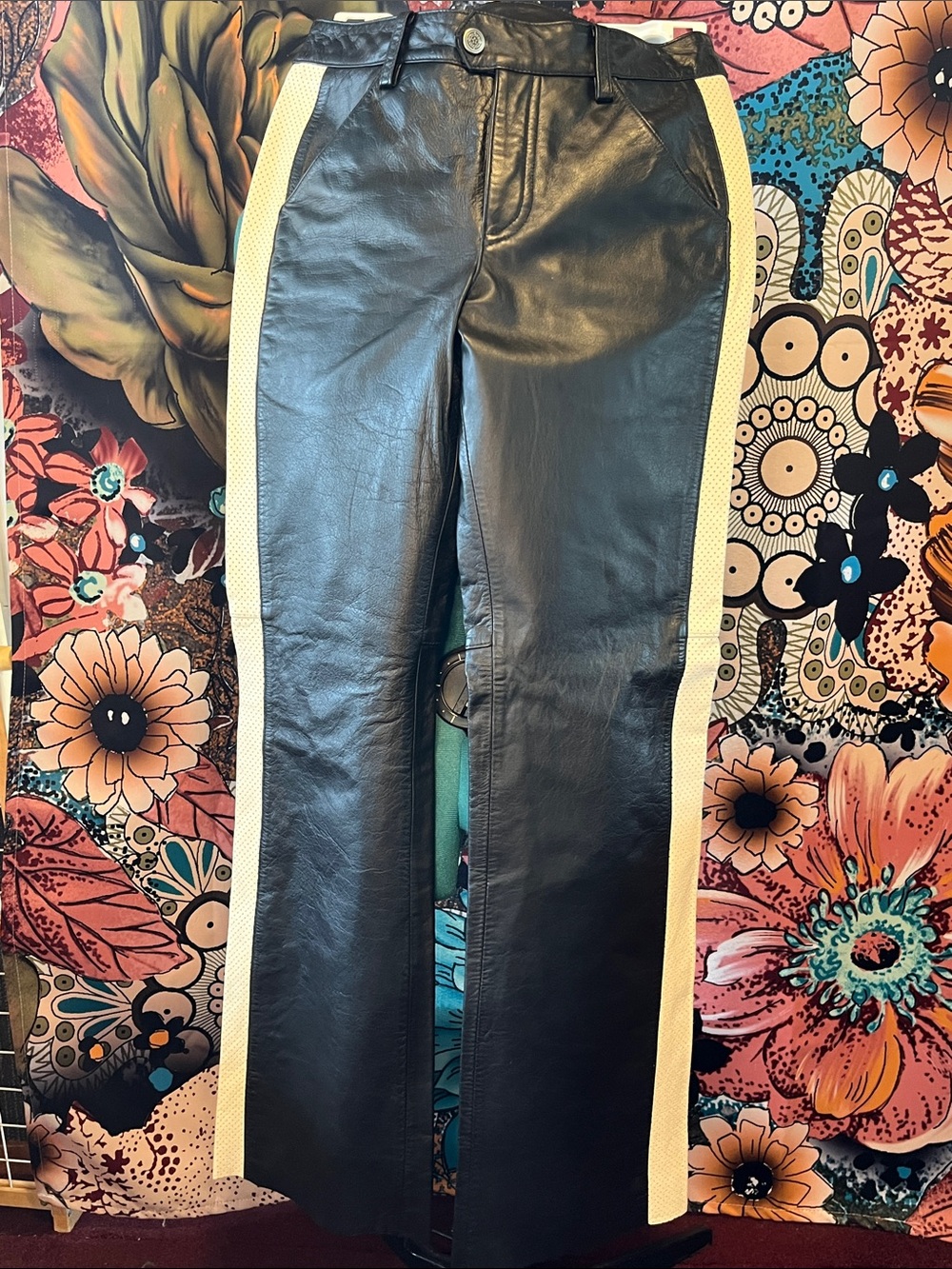 Vintage ladies Harley-Davidson leather pants featuring a classic two-tone design